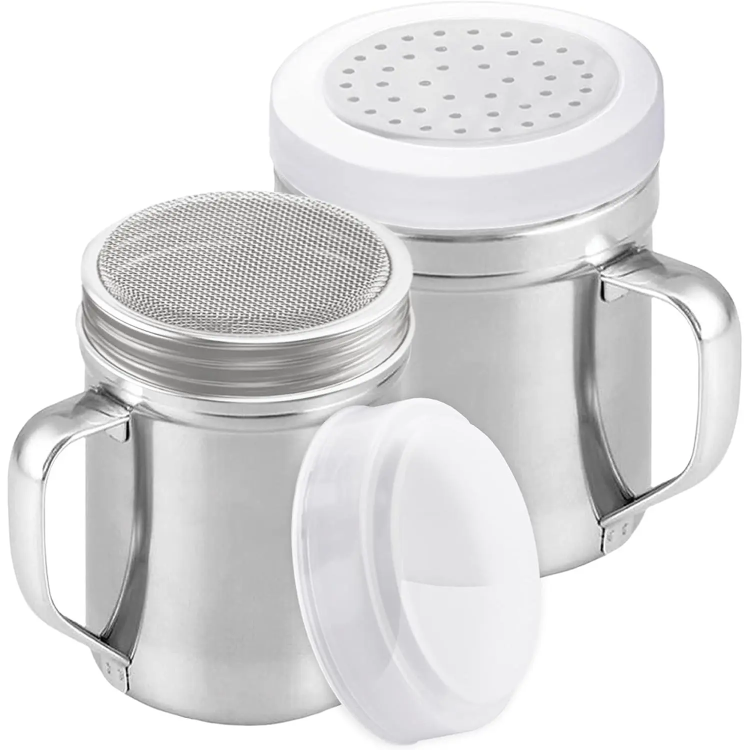 6oz Fine Mesh + 10oz Medium Holes Dredges - With  - With Handles - Flour Shaker Duster Set - Confection Sugar Shakers