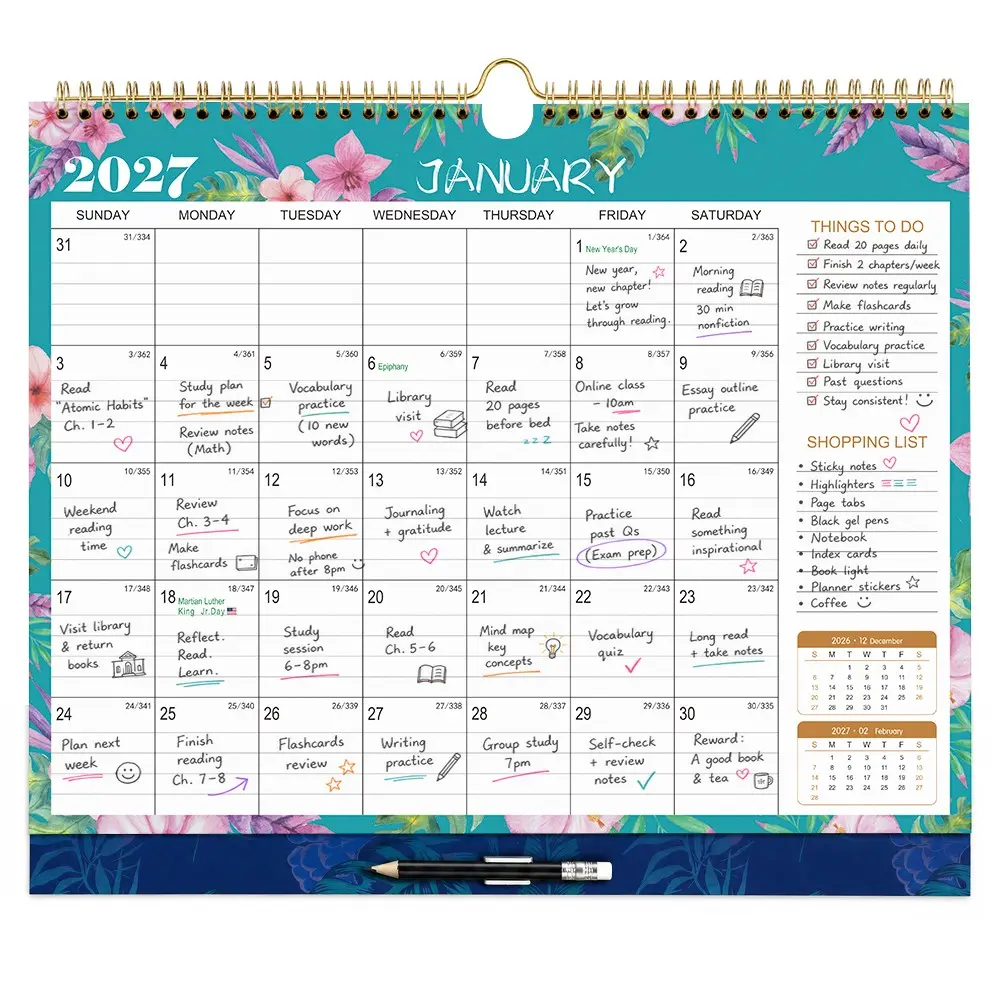 2027 Wall Calendar | 12-Month Monthly Calendar (Jan–Dec 2027), 14.96" x 12.6"  Large Grid with Pencil Holder, Back Pocket, Holiday Markers & Contact Page, 4 Stylish Designs for Home or Office