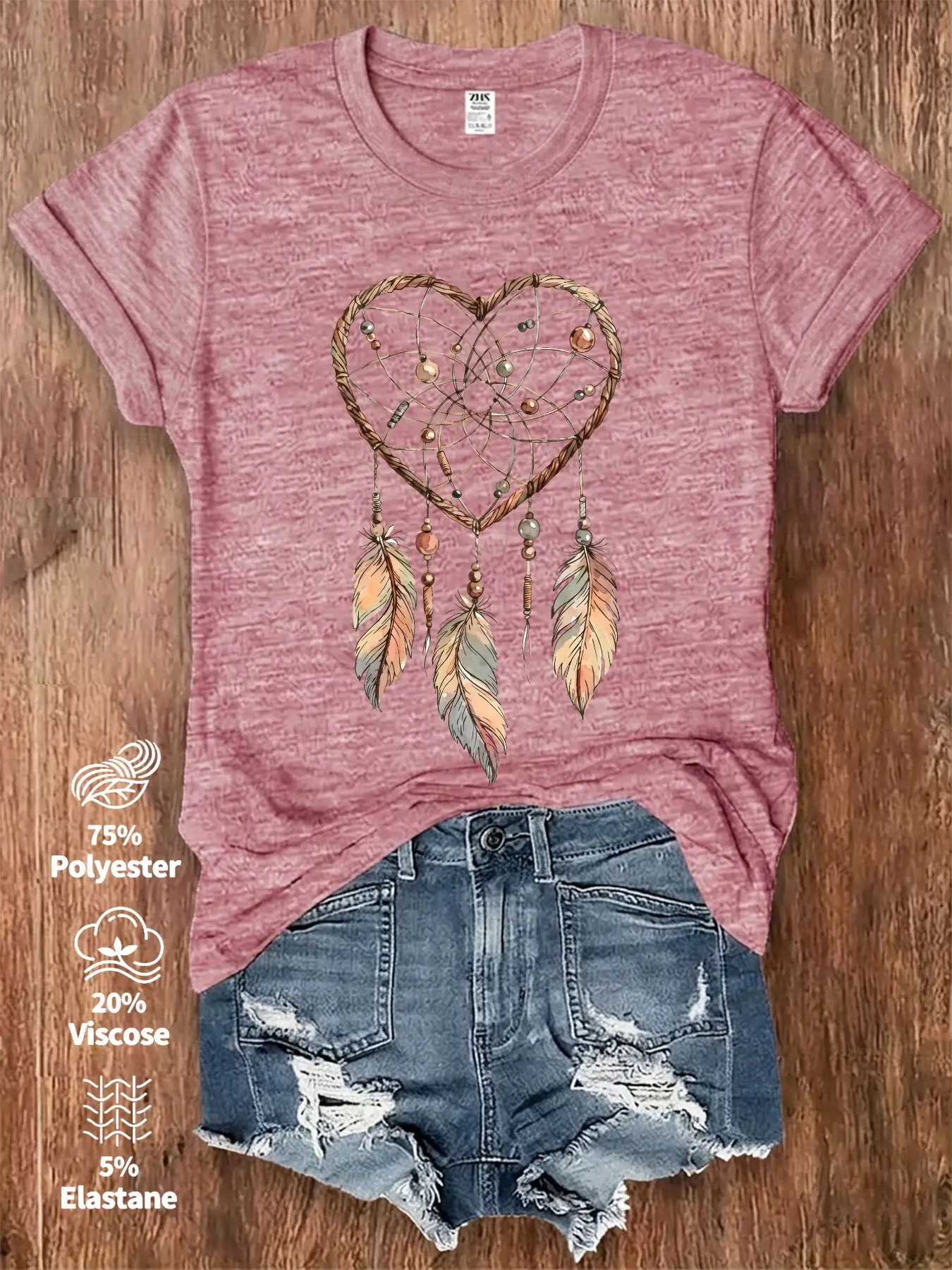 Women Vintage Watercolor Heart Shaped Wicker Dreamcatcher Gradient Feather Bead Print Tees Boho Spiritual Ethnic Witchy Romantic Graphic Short Sleeve Tops Casual Daily Clothes For Ladies Camping Outdoor Picnic Market Shopping Party Holiday Summer Travel