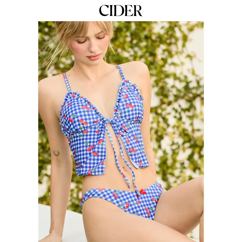 Cider V-neck Check Cherry Graphic Criss-Cross Bikini Set