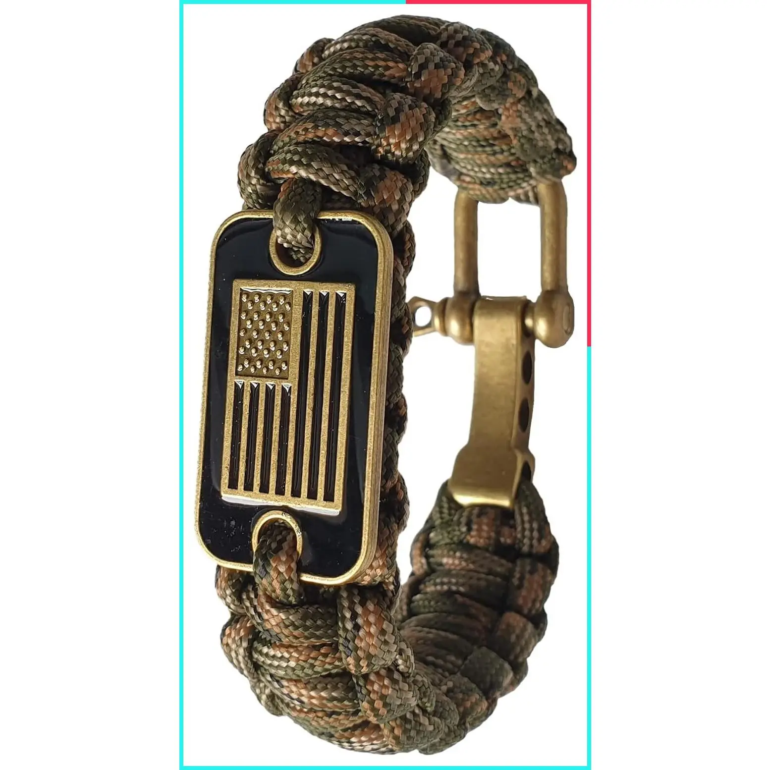 Tactical Paracord Survival Bracelet for Men with Bronze USA Flag - 3 Adjustable Sizes - Green Camo