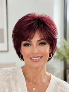 Female Burgundy Wig, Short Style, Lightweight and Breathable, Heat-Resistant Synthetic Fiber, Ideal for Daily Wear, Middle-Aged and Elderly