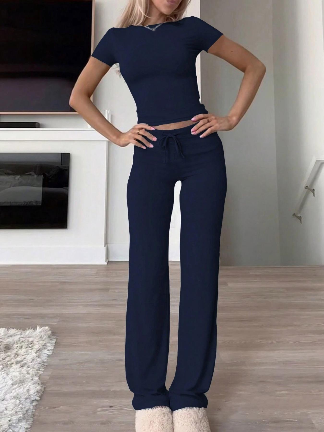 Women's Solid Modal Loungewear Two-Piece Pajama Set, Casual Comfy Soft Round Neck Short Sleeve Tee & Drawstring Pants Set, Ladies Sleepwear for Spring & Fall Women's Solid Modal Loungewear Two-Piece Pajama Set, Casual Comfy Soft Round Neck Short Sleeve Tee & Drawstring Pants Set, Ladies Sleepwear for Spring & Fall