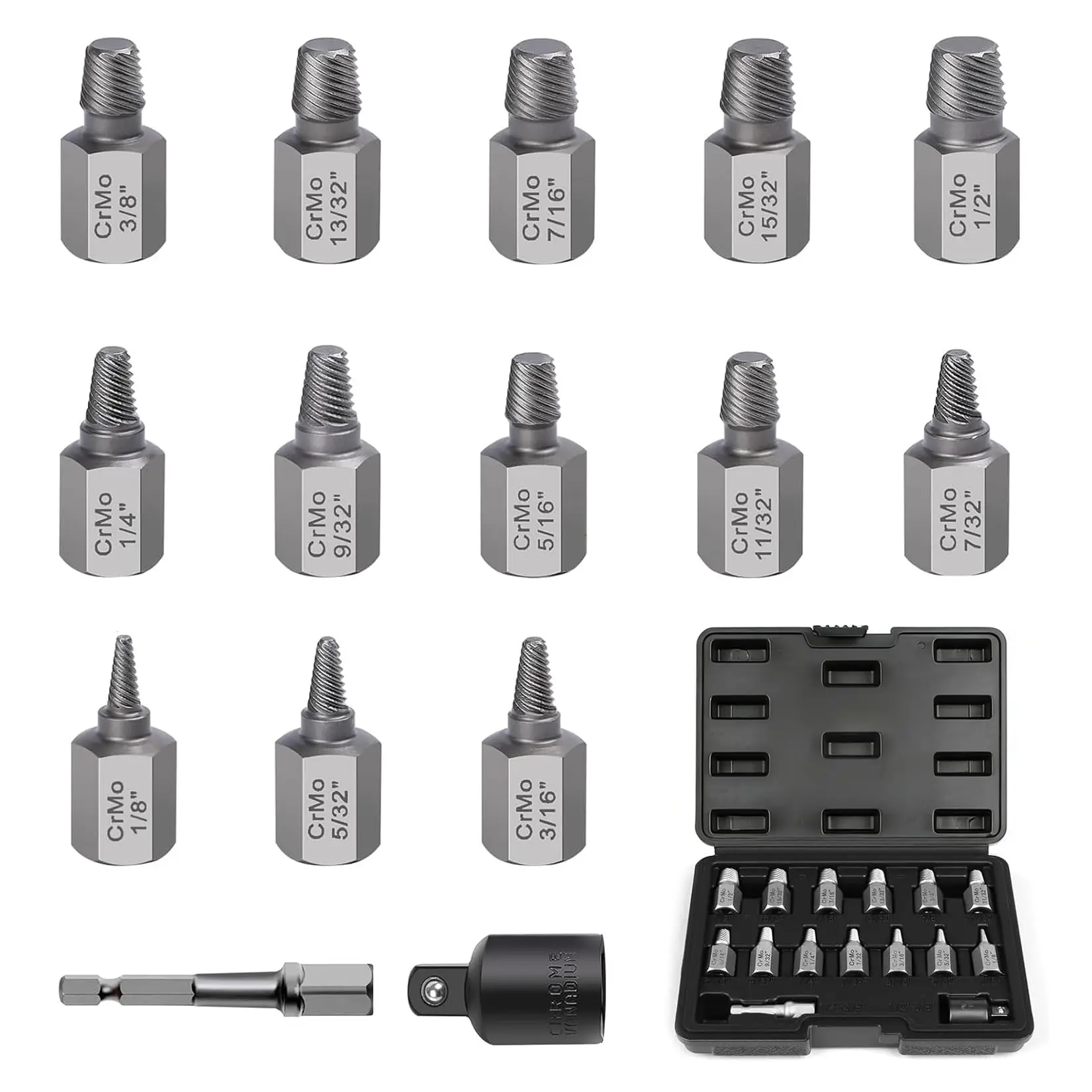 GAOMON 15-Piece Broken Bolt Extractor Set - Silver CR-MO Steel Screw Remover Kit Designed for Stripped, Rusted, or Broken Bolts and Screws with Convenient Storage Case