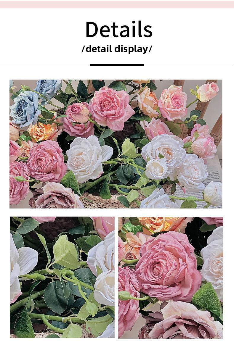 Vintage Burnt Edge 3-Head Rose Oil Painting Style Artificial Flowers Dried Flowers Handheld Bouquet Fake Flowers Decoration Photo Props