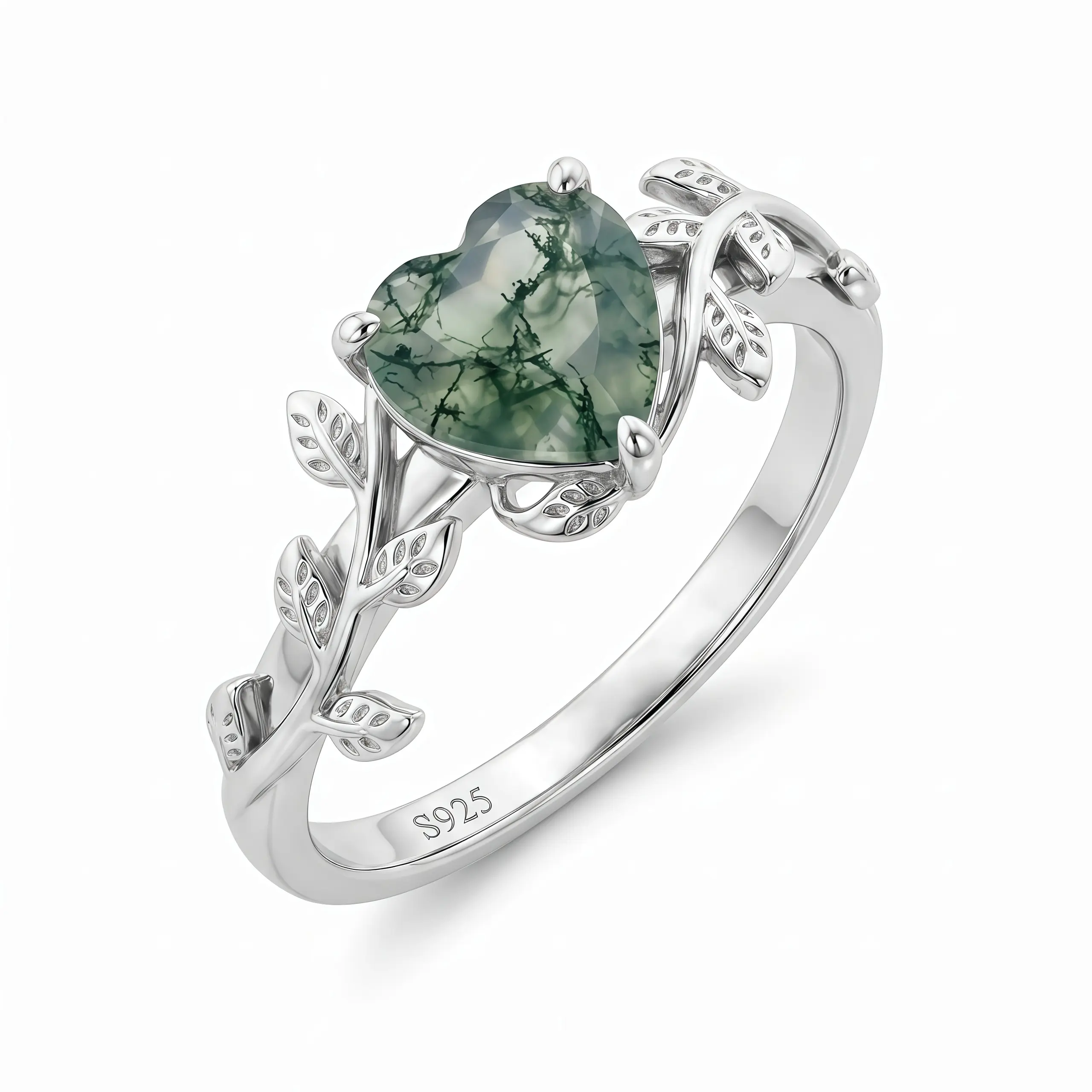 Women's Engagement Wedding Ring 925 Sterling Silver Green Natural Moss Agate Elegant Fashion
