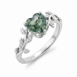 Women's Engagement Wedding Ring 925 Sterling Silver Green Natural Moss Agate Elegant Fashion