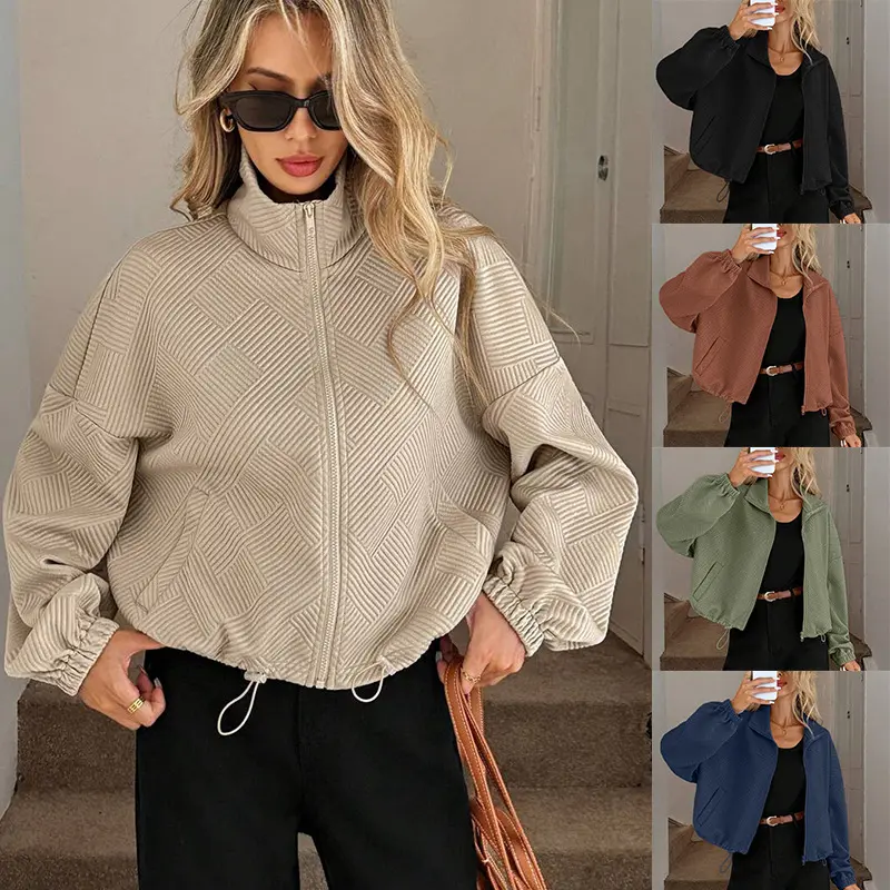 Autumn and Winter Turtleneck Zip Hem Drawstring Pocket Women's Loose Baseball Jacket
