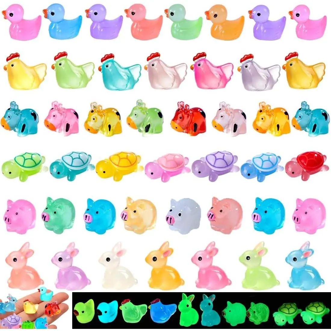 Mini Resin Animals Variety Pack 50 Mini Ducks Bunnies Cows Turtles Chicken Tiny Little Animals Figures Small Plastic Farm Animal Glow in The Dark Figurines Luminous Fairy Garden Statue Gifts Pink
