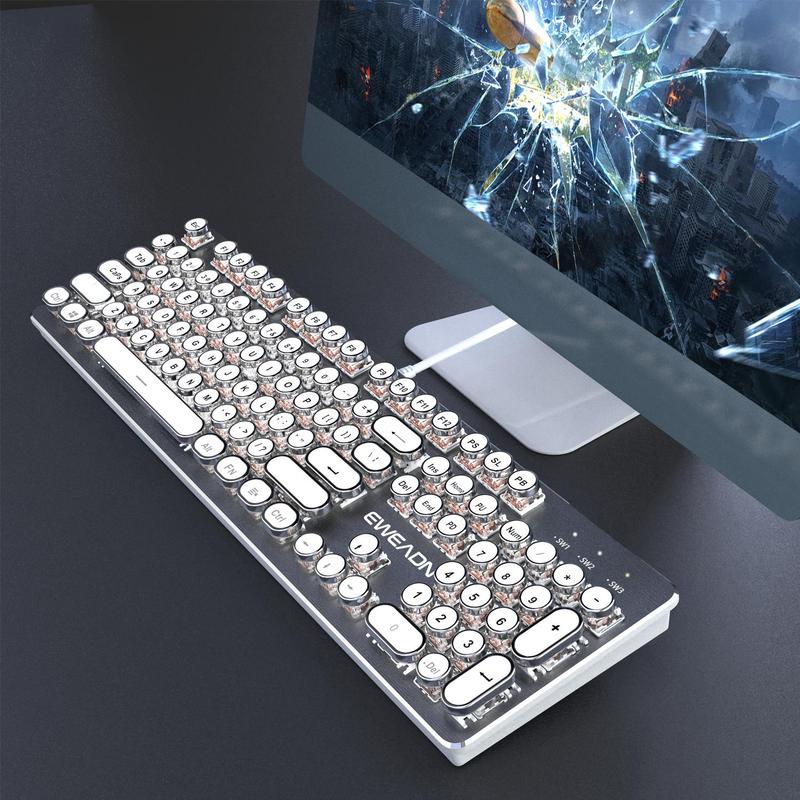 EWEADN TK100 Punk Typewriter Mechanical Gaming Keyboard, Mechanical Keyboards, All-metal Panel 104Keys Wired Retro Punk Keyboard, with White Backlit USB Wired Keyboard