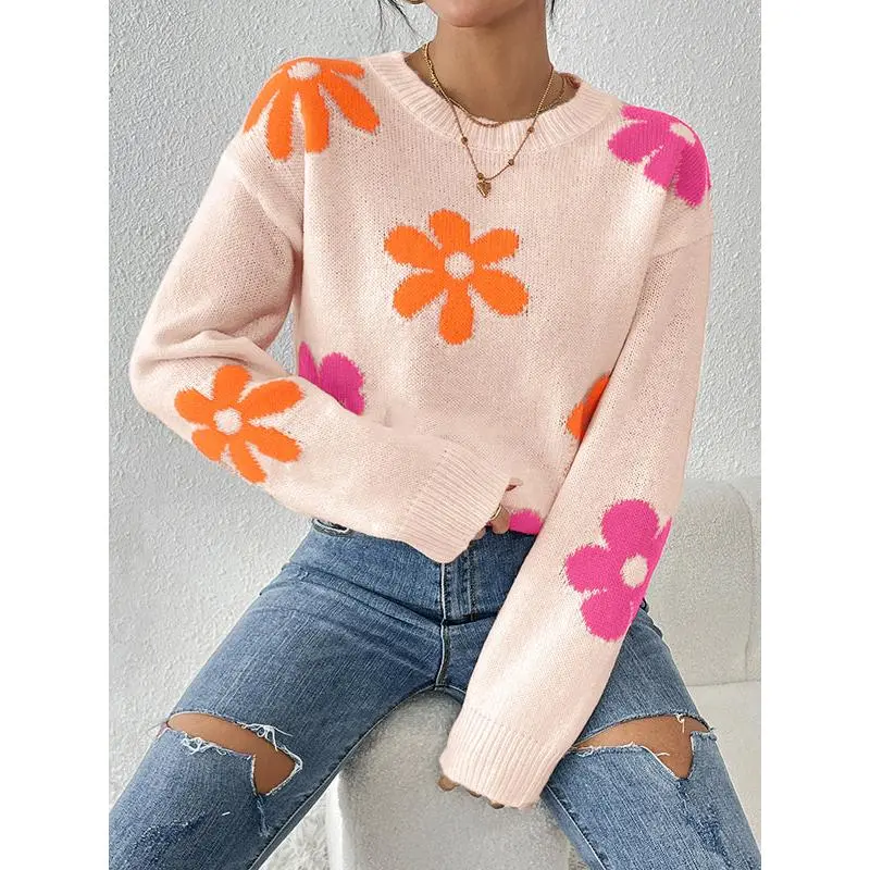 Women Colorful Floral Pattern Round‑Neck Long‑Sleeve Pullover Sweater Tops, Cute Contrast‑color Flower Print Loose‑fit Knit Shirts, Sweet Casual Daily Outfit, Trendy Relaxed‑fit Tops For Autumn Winter Dating Shopping Outdoor Commute Street Wear