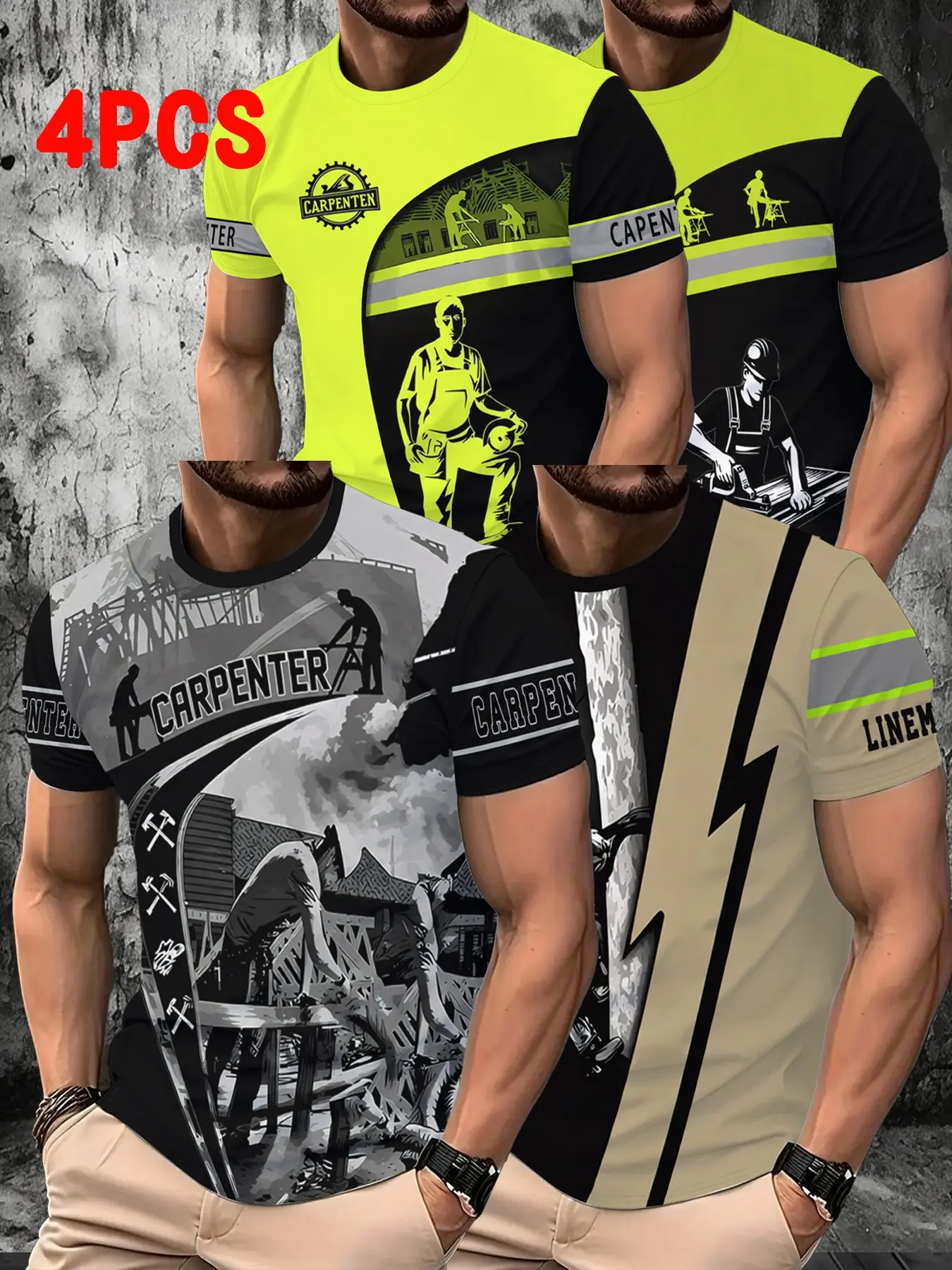 4-Pack Carpenter Electrician Workwear Reflective Stripes, 3D Print Short Sleeve, Fluorescent Safety Color, Men's Loose Labor Protection T-Shirt Set