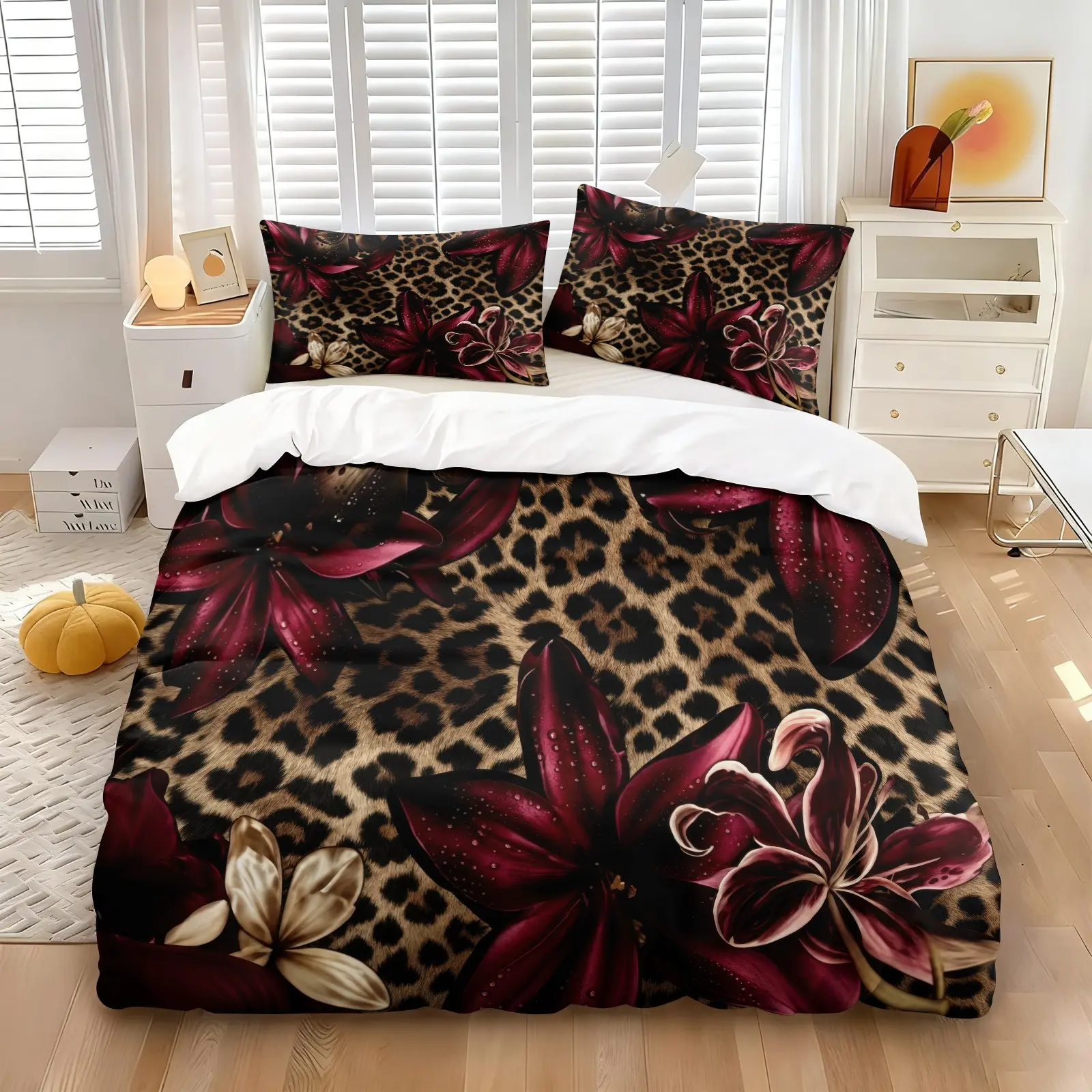 Leopard Print Floral Bedding Set-1 Duvet Cover and 1-2 Coreless Pillowcases-Burgundy Lily Beige Lily and Brown Yellow Leopard Print-Printed Bedding Set-Ideal for Y2K Spicy Girl's Bedroom Decor, Single/Double/Queen/King Size