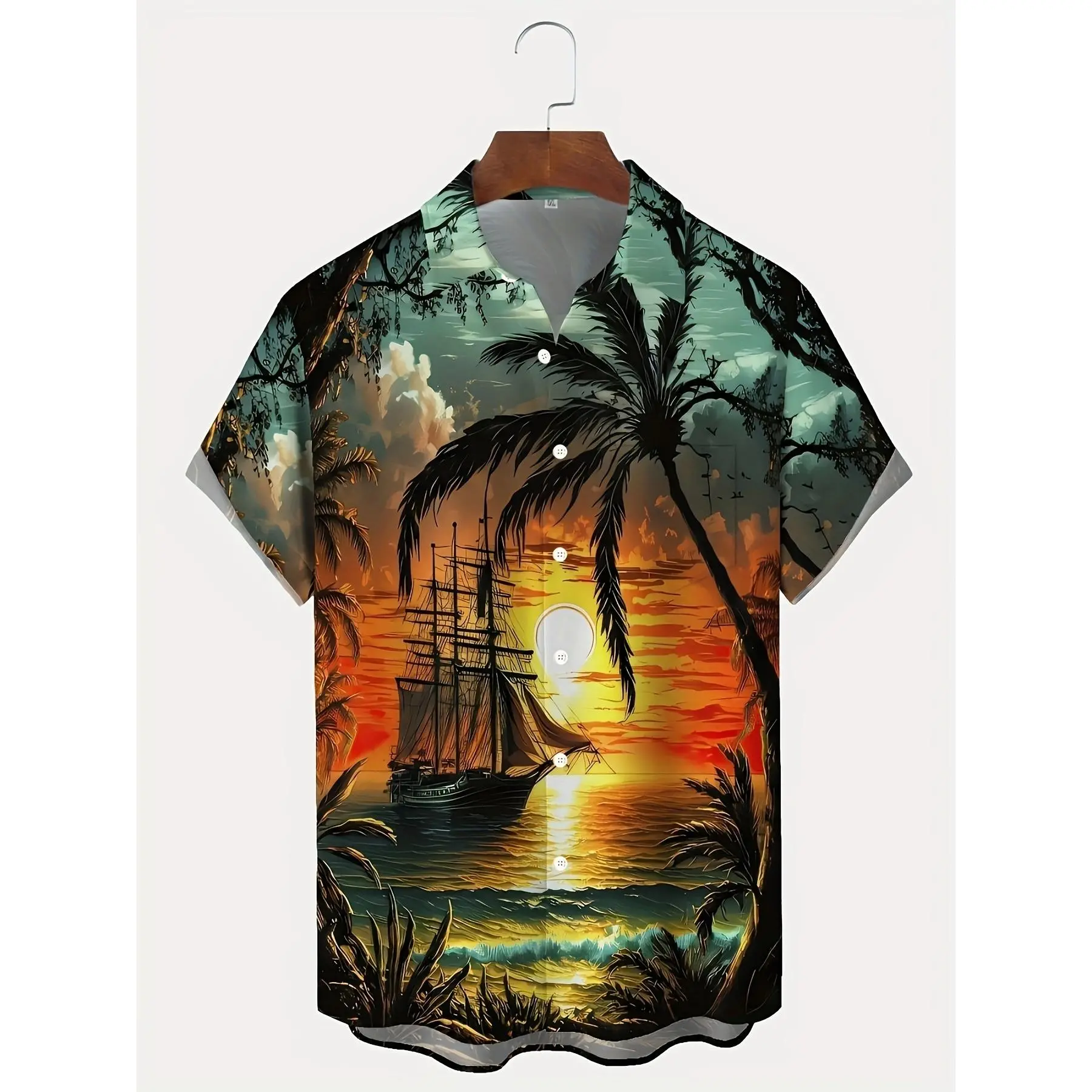 Men'S Plus-Size Short-Sleeve Shirt with a Sunset View Print of Hawaiian Coconut Trees And Button Pockets, Plus Size