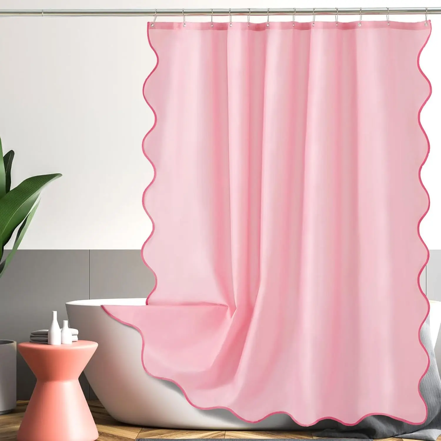Pink Scalloped Ruffle Shower Curtain, Cute Boho Preppy Aesthetic Waterproof Fabric for Girls' Bathroom Decor with Metal Hooks, 72 W x 72 H InchGift
