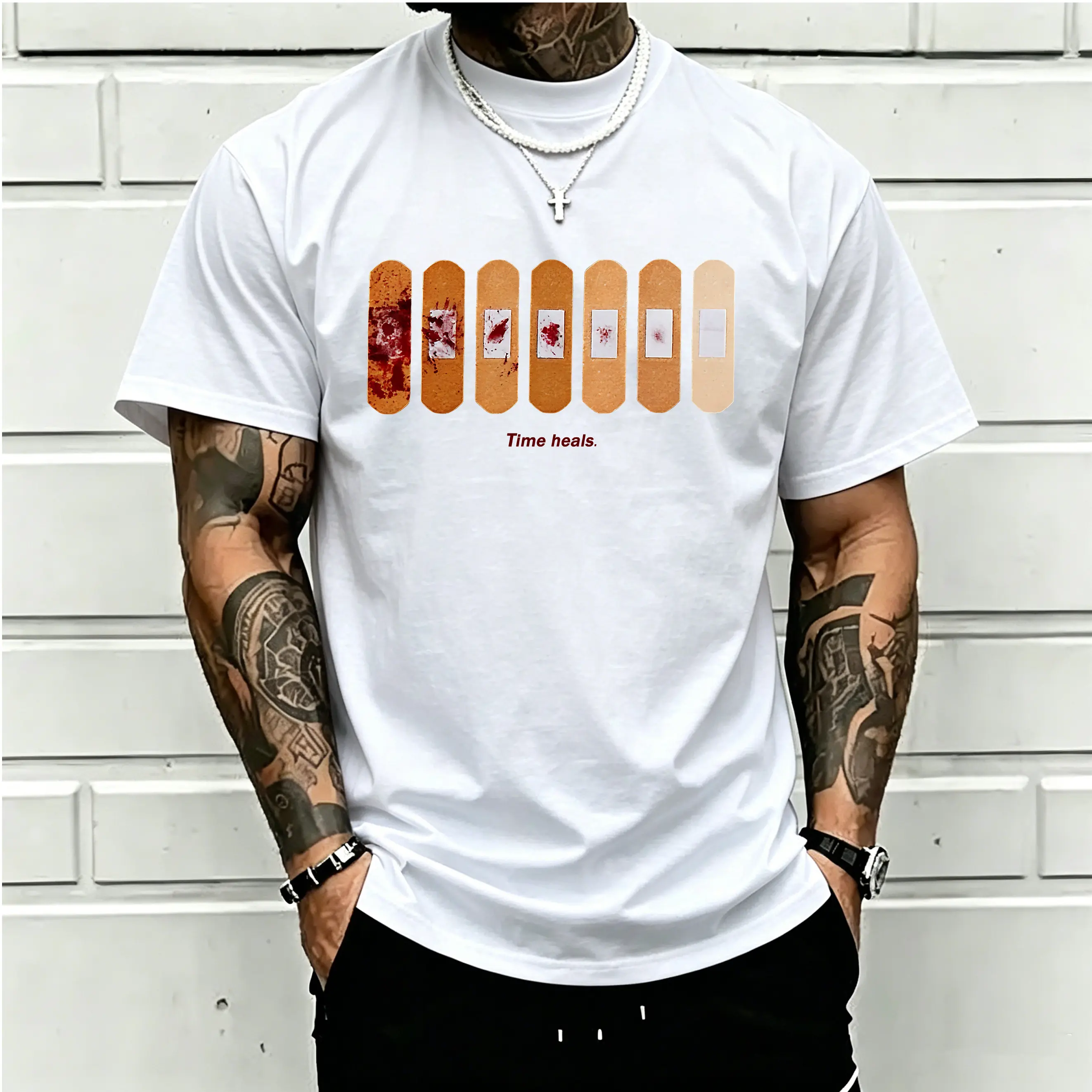 Men's Classic Cotton Short-Sleeve Graphic Print Tee - Round Neck Fabric Shirt with Time Heals Inspirational Quote, Healing Bandages Art, Casual Streetwear, Positive Mindset Gift, Outdoor Outfit, Breathable Softness, Machine Wash Cold, Unisex Sizing, 100%,