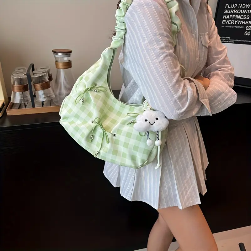 Casual Yellow Plaid Tote Bag for Women, Cute Puffy Design with Shoulder Strap, Zipper Closure, and Cloud & Rabbit Charms for Gym & Daily Use, Tote Bags, Female, Fabric Body, Shoulder Straps, Zip Closure