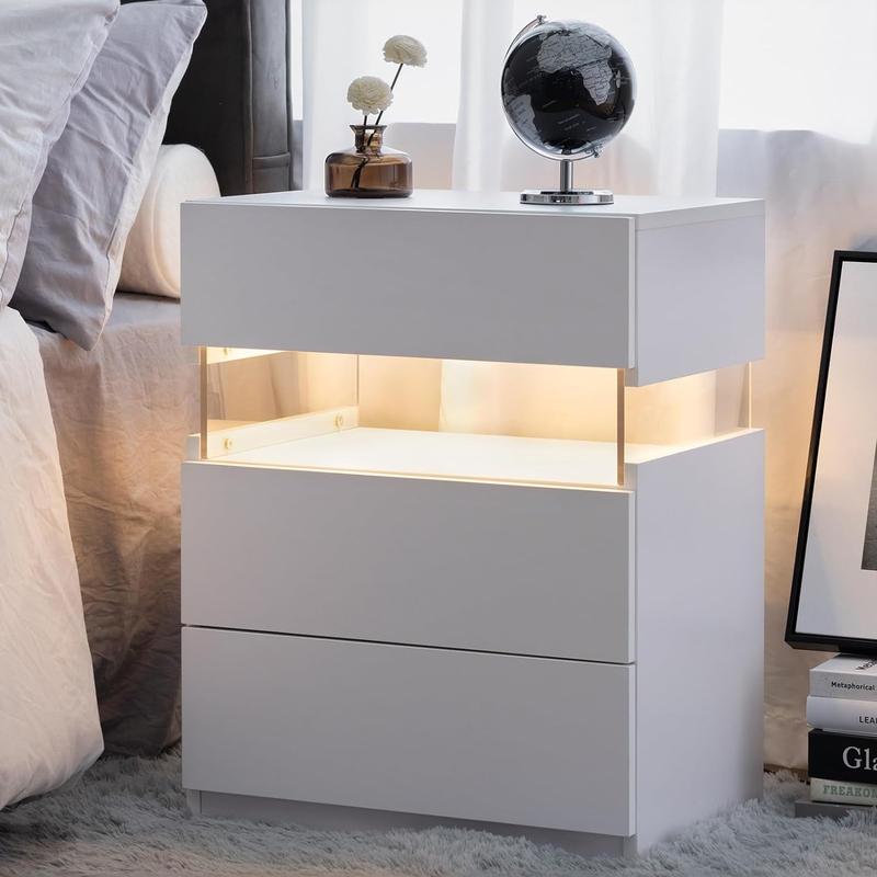 [Bellemave]LED Nightstands 3 Drawer Dresser for Bedroom End Table with Acrylic Board LED Bedside Tables for Bedroom Living Room Bedside Furniture (White)