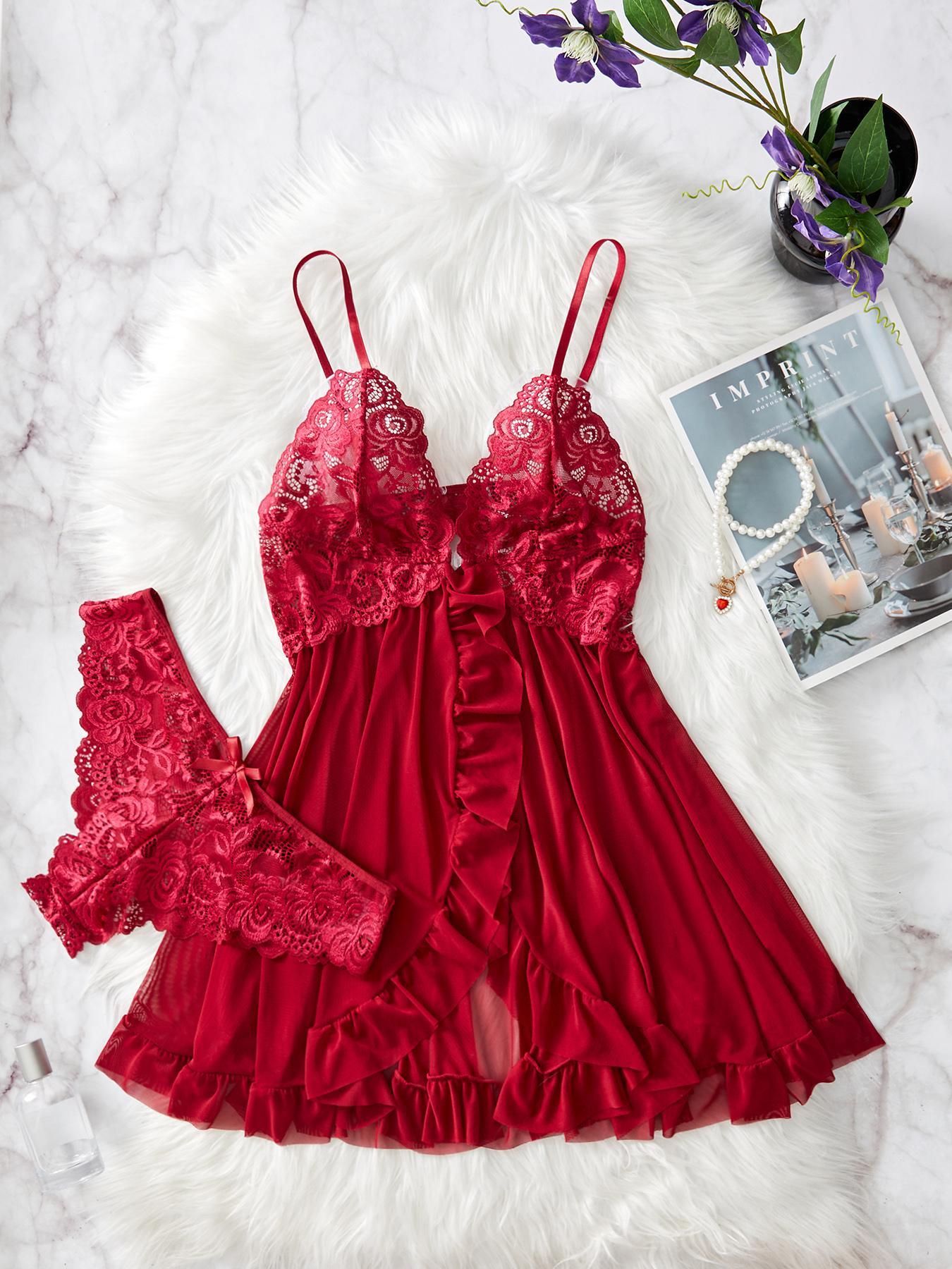 Ladies' Sexy Ruffle Trim Cami Nightdress & Bow Decor Panty Set, Comfortable Playful Floral Lace Sheer Sleepwear Set, Glamour Lingerie Set