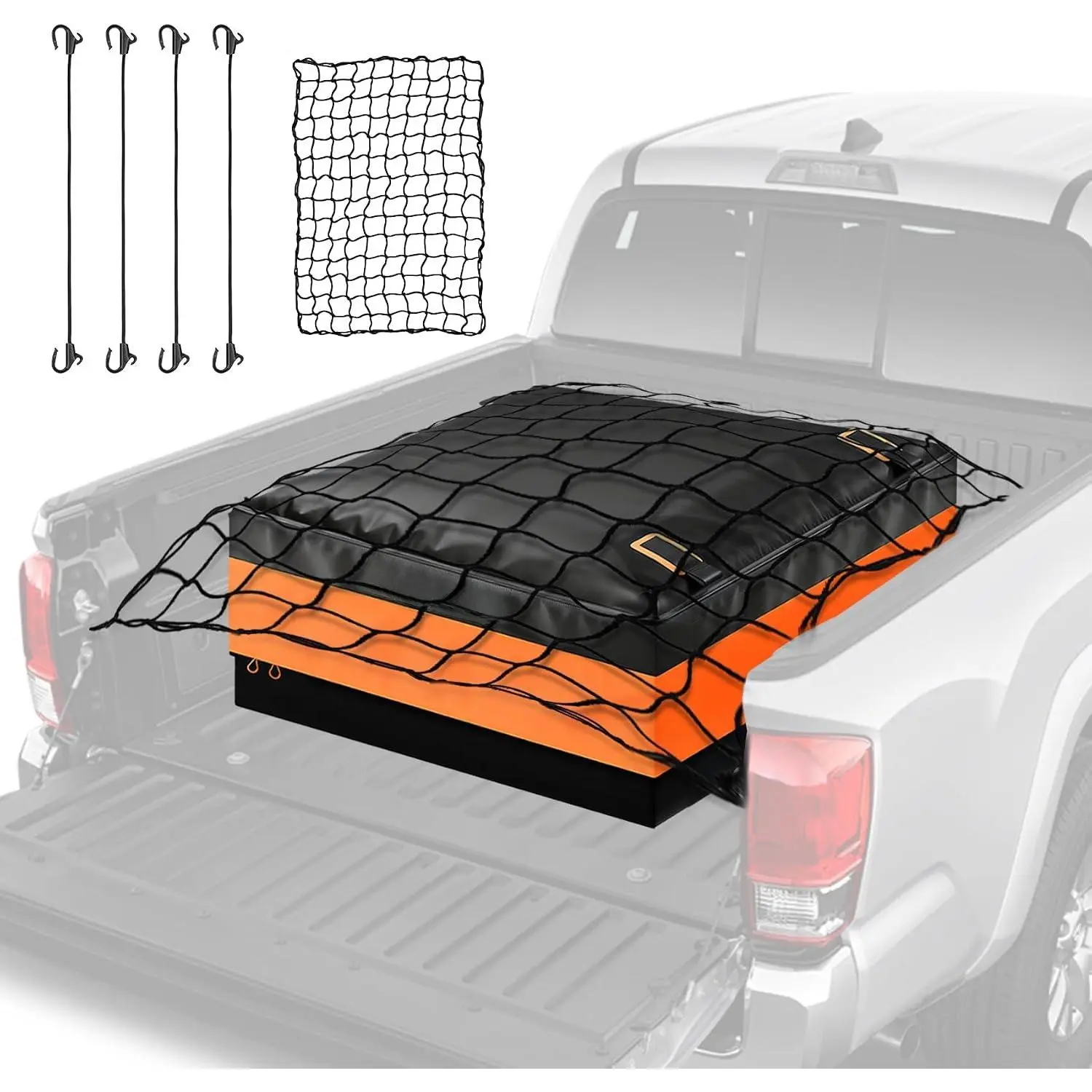 26 Cubic   Bed Cargo Bag,  with Heavy Duty PVC | 51"x40"x22", Heat-Glued Seams, 3-Sides Zipper, Fastern by 4*Bungee Cords & Cargo Net Fits  Pickups, Orange