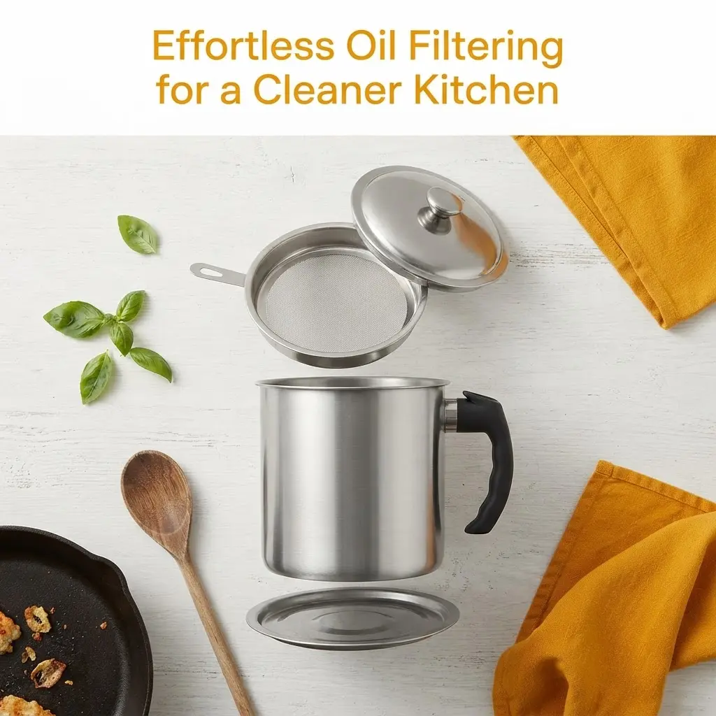 304 Stainless Steel Filtering Pot Household Large Capacity Oil Tank With Oil Residue Separator And Filtering Net Frying Basket Multi functional Kitchen Oil Storage Container For Frying Cooking Grease Strainer