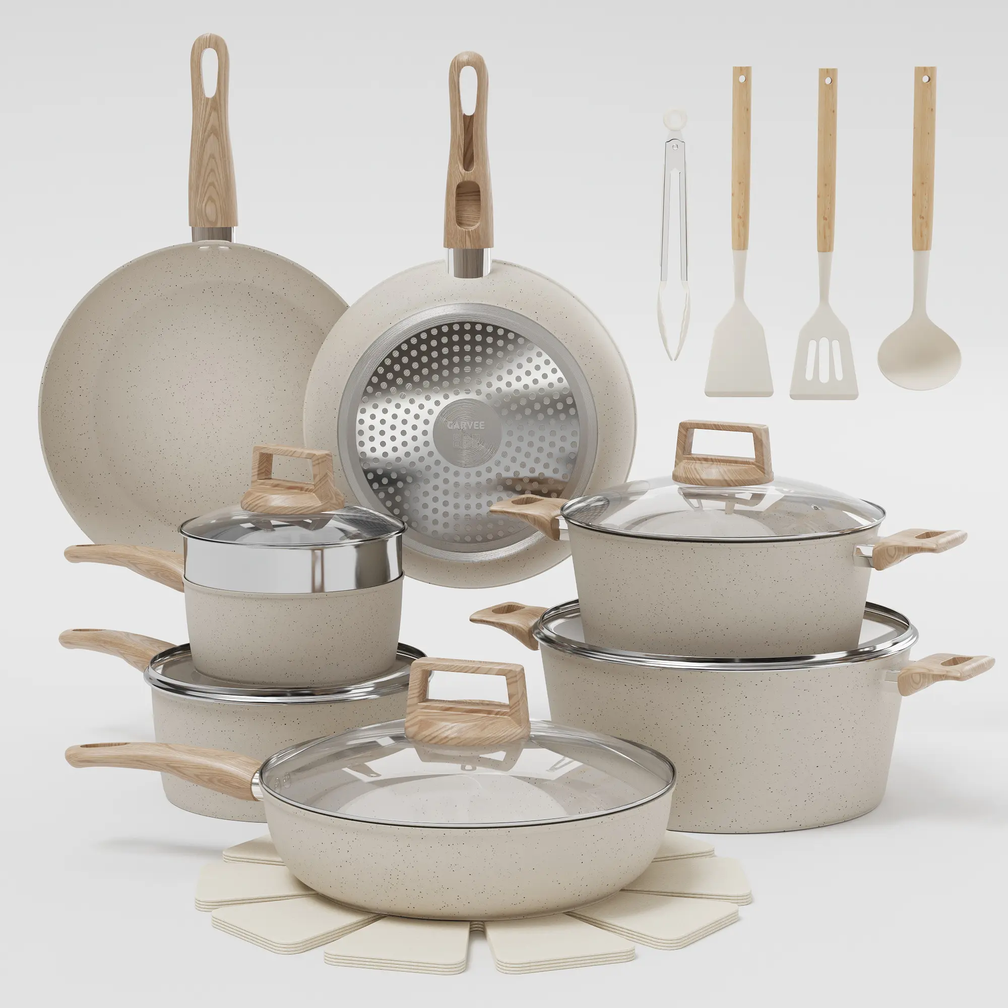 21-Piece Nonstick Ceramic Pots and Pans Set - For Induction Cooking - Frying Pans, Saucepans, Stockpot, Steamer & Utensils - White Kitchen Set
