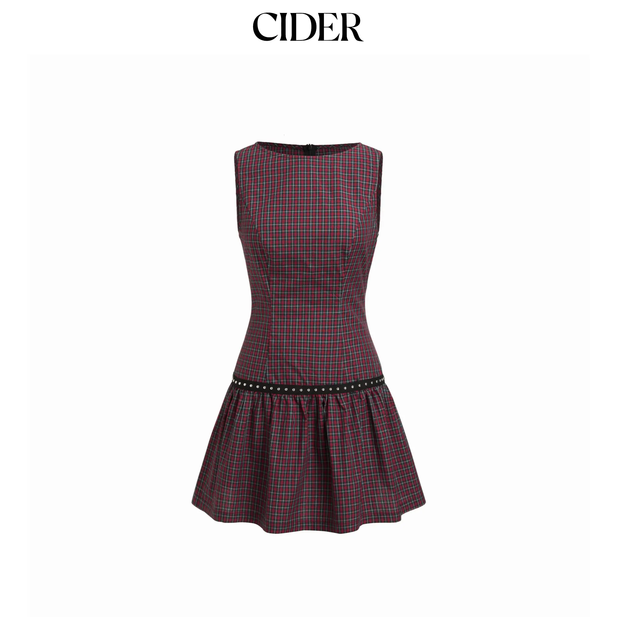 Cider Round Neck Plaid Studded A-line Mini Dress SohoChic