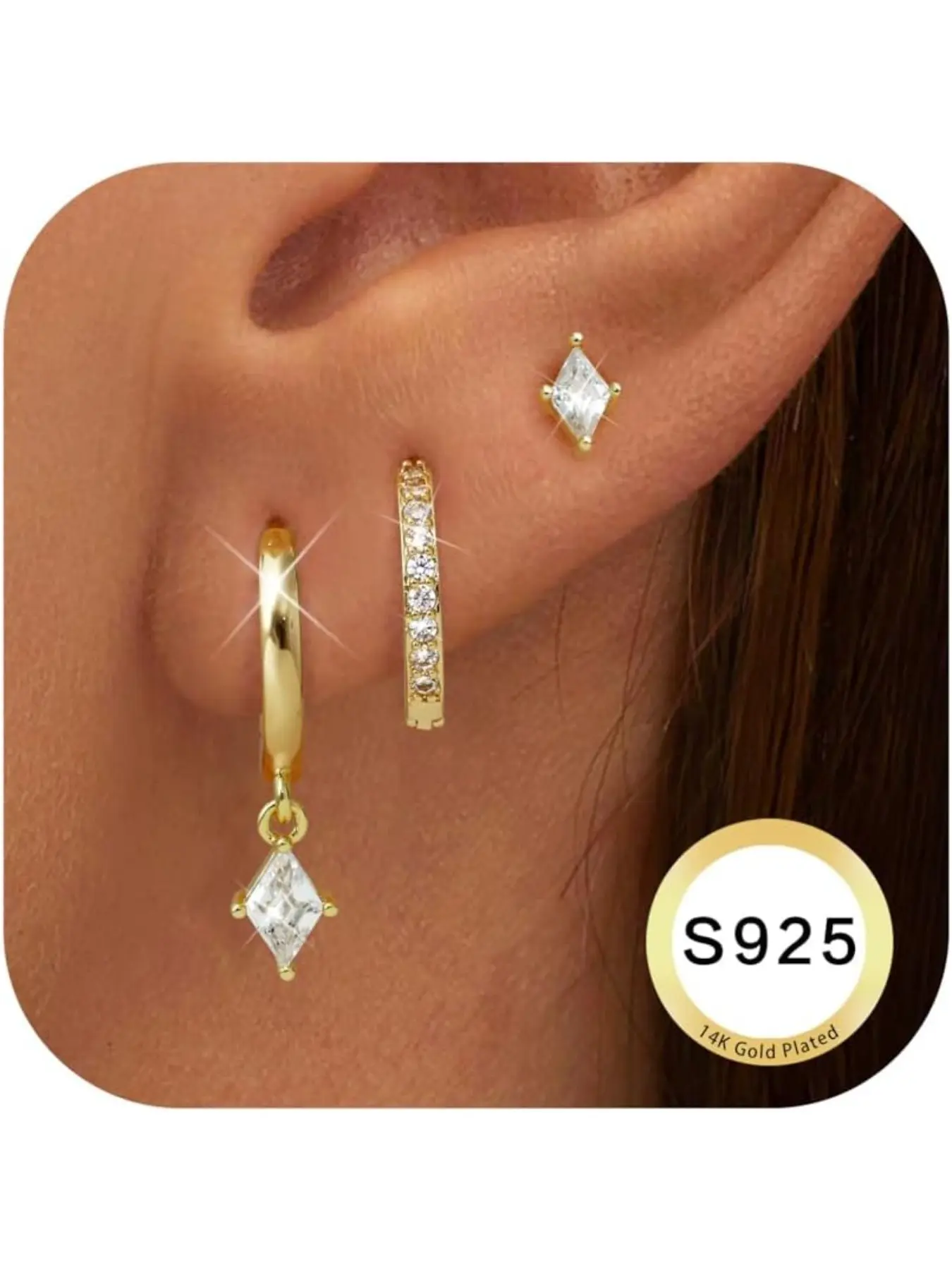 3 Pairs 925 Sterling Silver Earrings for Women, Stud Huggie Hoop Earrings, Hypoallergenic Cartilage Earring Set, Jewelry Gift