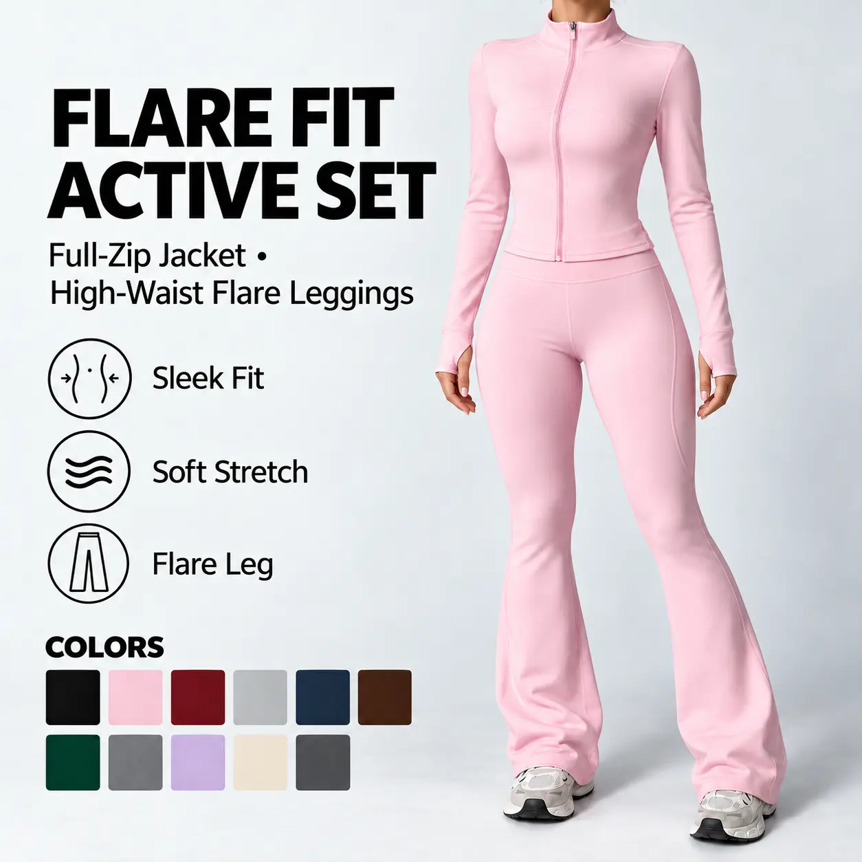 Women's 2-Piece Naked-Feel Yoga Set - Zippered Long-Sleeve Jacket, High-Waisted Flared Pants, Solid Halter Top, Soft-Touch Performance Activewear for Fitness Workout Outfits Summer Sport Set Tight Fitting Sportswear