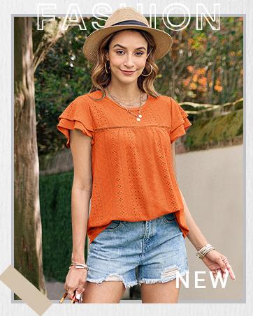 Women's Summer Tops Crewneck Eyelet Ruffle Short Sleeve Blouses Casual Babydoll Shirts 2025 S-2XL Lightweight Soft Knitted Fabric Trendy Babydoll Style