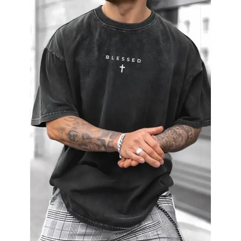 Men's Cotton Tshirt with Cross & Letter Graphic, Soft Breathable Unisex Streetwear for Casual Summer Wear, Shortsleeve, Menswear, Cold Wash, Casual Tee, Cross Print, Loose-Fit, Soft Cotton