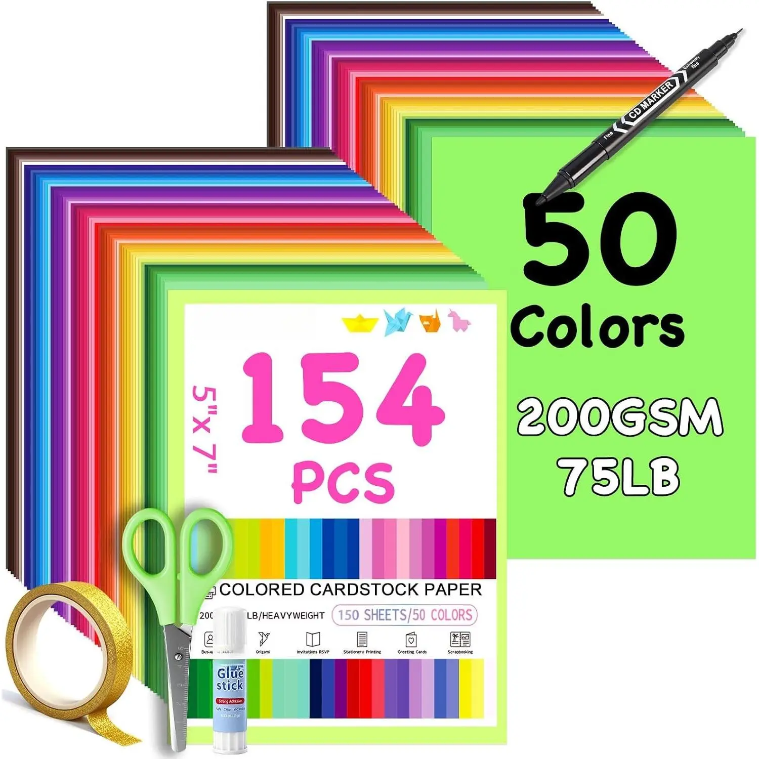 5x7 Cardstock Colored Paper,154PCS Construction Paper Bulk 50  Colors,200GSM/75LB Rainbow Heavy Cardstock Printer Paper for Scrapbooking, Card Making, School Supplies