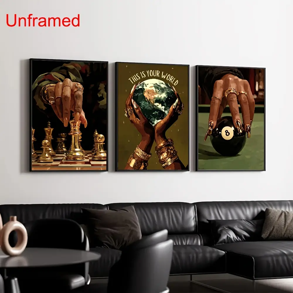2D Flat, 2D FLAT 3pcs Set Unframed African Woman Playing Chess 8 Balls Fashion Canvas Poster Black Girl Luxury Afrocentric Wall Art Print Aesthetic Decor Trendy Painting for Dorm,Living Room,Bedroom,Modern Home Decoration, 2D Flat,Halloween Christmas