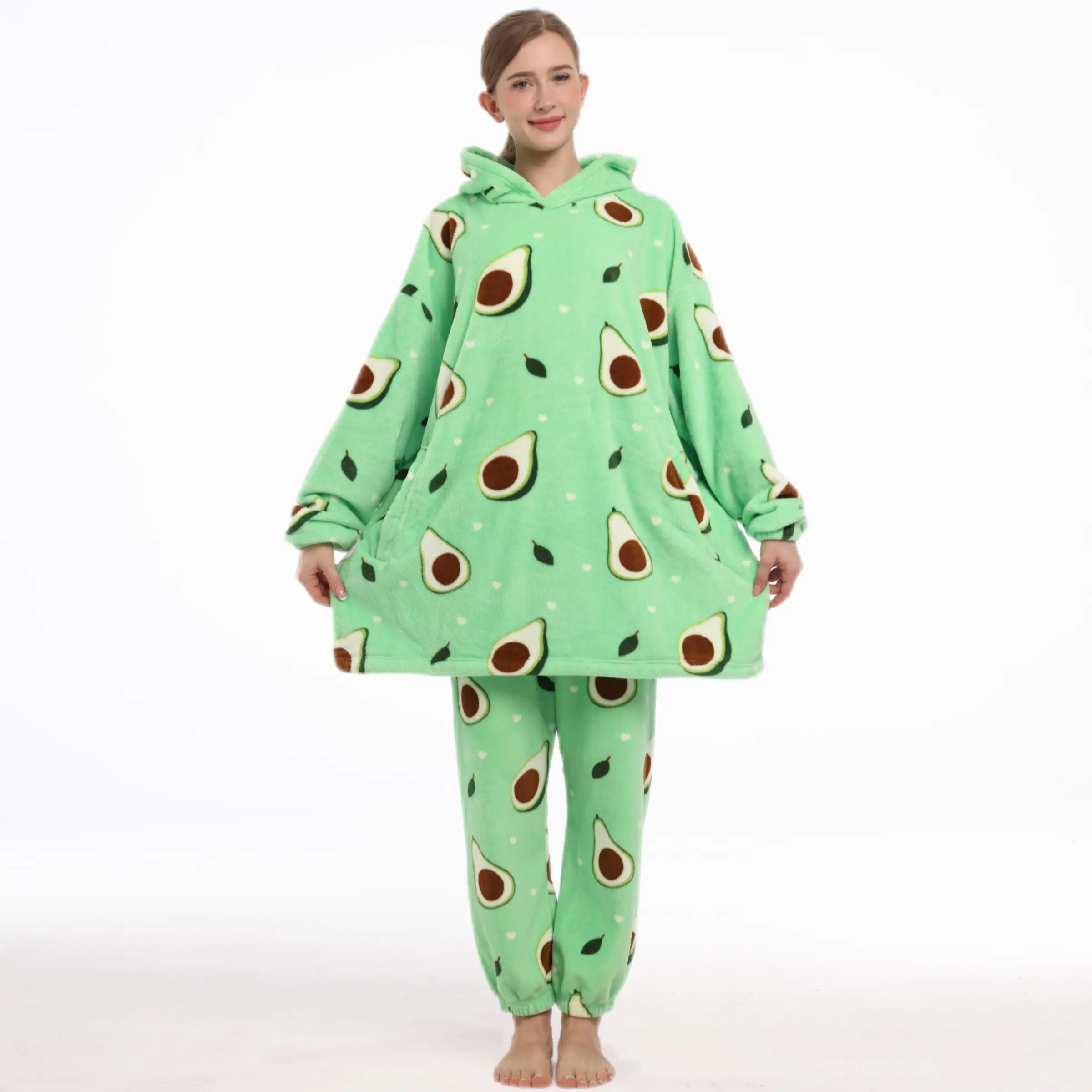 Avocado Cartoon Full-Body Print Loungewear Set, Unisex Fall Winter Wearable Blanket, Thick, with Pockets and Large Hat, Essential Homewear