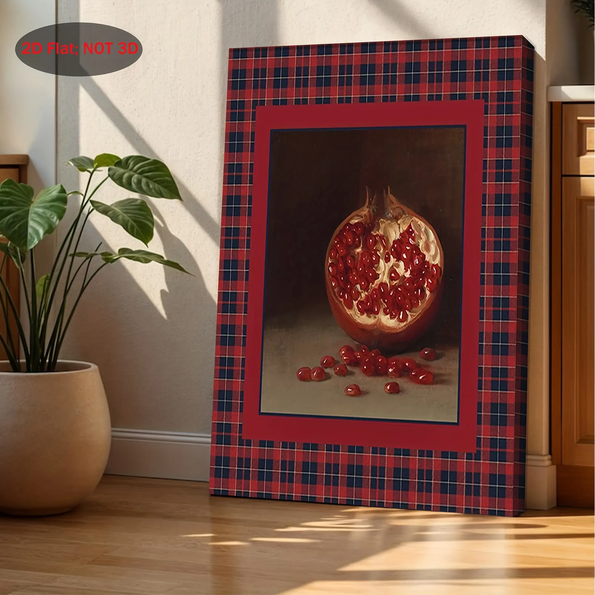2D flat design, 1 piece vintage plaid Christmas pomegranate wall decoration--red and blue plaid framed canvas oil painting, suitable for holiday decoration, bedroom, kitchen, living room--classic winter pomegranate seed print gift idea, 2D flat design