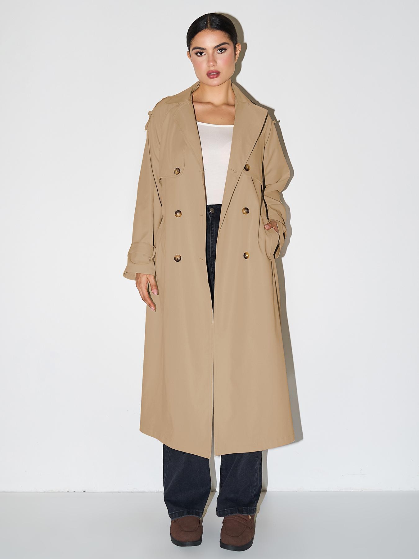 Fall & Winter Trendy Solid Color Lapel Double Breasted Waist Tie Trench Coat Jackets