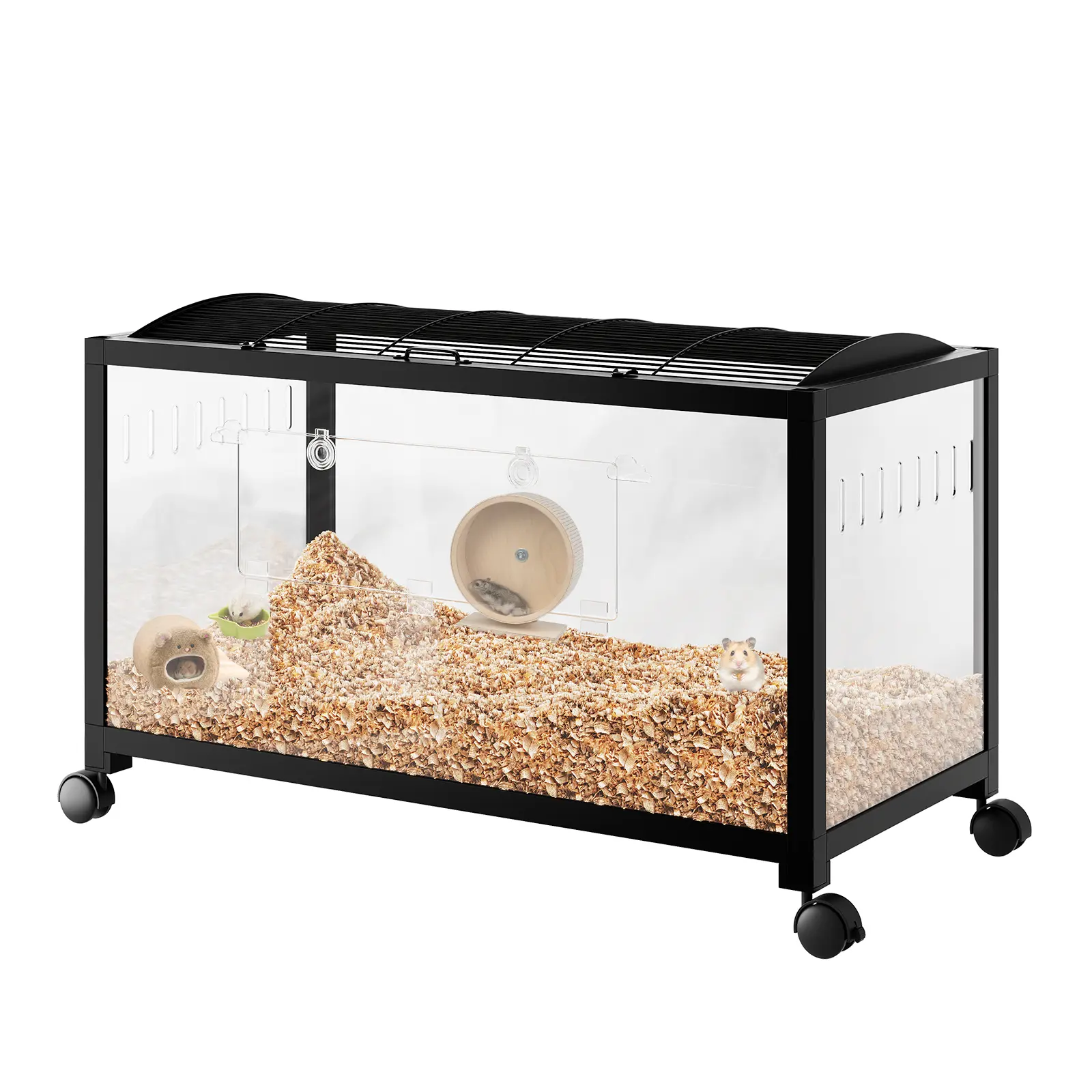 Chew-Proof Metal Hamster Cage - 2-Story Cages & Pens with Acrylic Panels, Dual Doors, Stackable, Easy Assembly, 4 Wheels - Ideal for Small Animals Like Guinea Pigs, Rats, Gerbils, Syrian & Dwarf Hamsters - Black, Two-Story Cages & Pens
