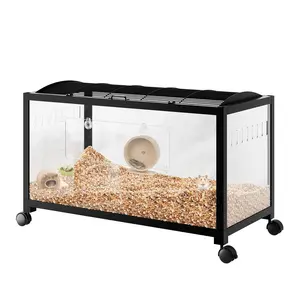 Chew-Proof Metal Hamster Cage - Spacious Small Animal Habitat with Acrylic Panels, Dual Doors, Stackable, Easy Assembly, 4 Wheels - Ideal for Guinea Pigs, Rats, Gerbils, Syrian & Dwarf Hamsters - Black