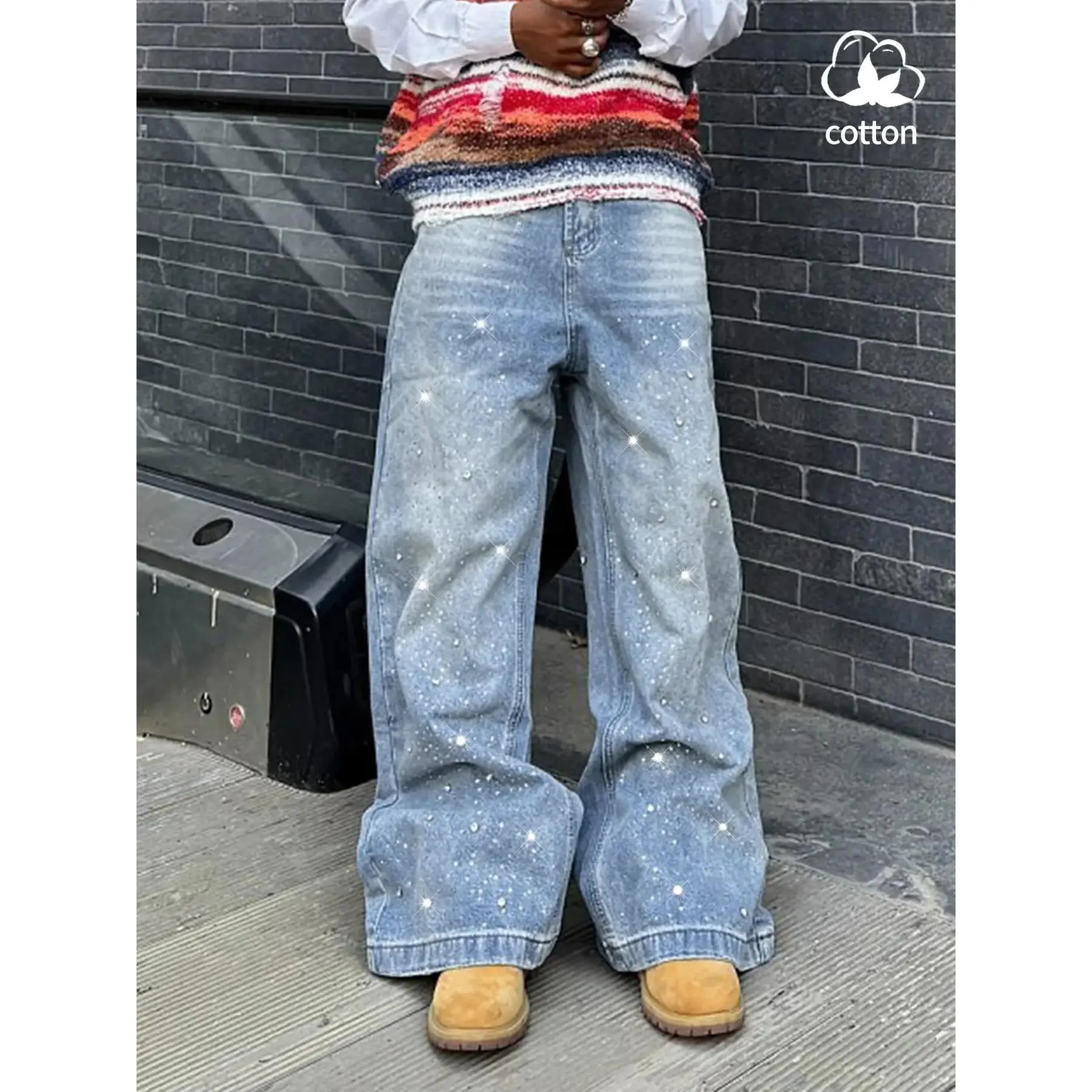 Men's Casual Light Wash Denim Jeans Pants Collection, Water Drill Streetwear Street Style Galaxy, Wide Leg Lazy Look, Blue High-End Feel, Perfect for New Heights! Pocket Design Jeans
