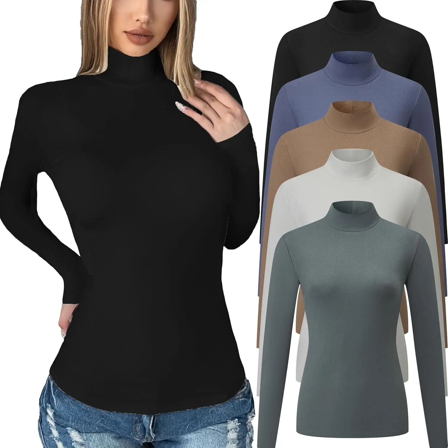 5 Pack Womens Long Sleeve Turtleneck Tops Thermal Shirts |   Basic Underwear, Stretchy Lightweight Undershirts, Mock Neck Fall Fashion Clothes, Slim Fit, Winter Trendy Top