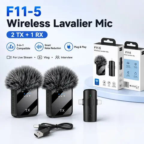 F11-5 Wireless Lavalier Microphone, 2-in-1 Clip-On Mic, Smart Noise Reduction, Ideal for Live Streaming, Vlog and Video Recording, Vlog Streaming Equipment