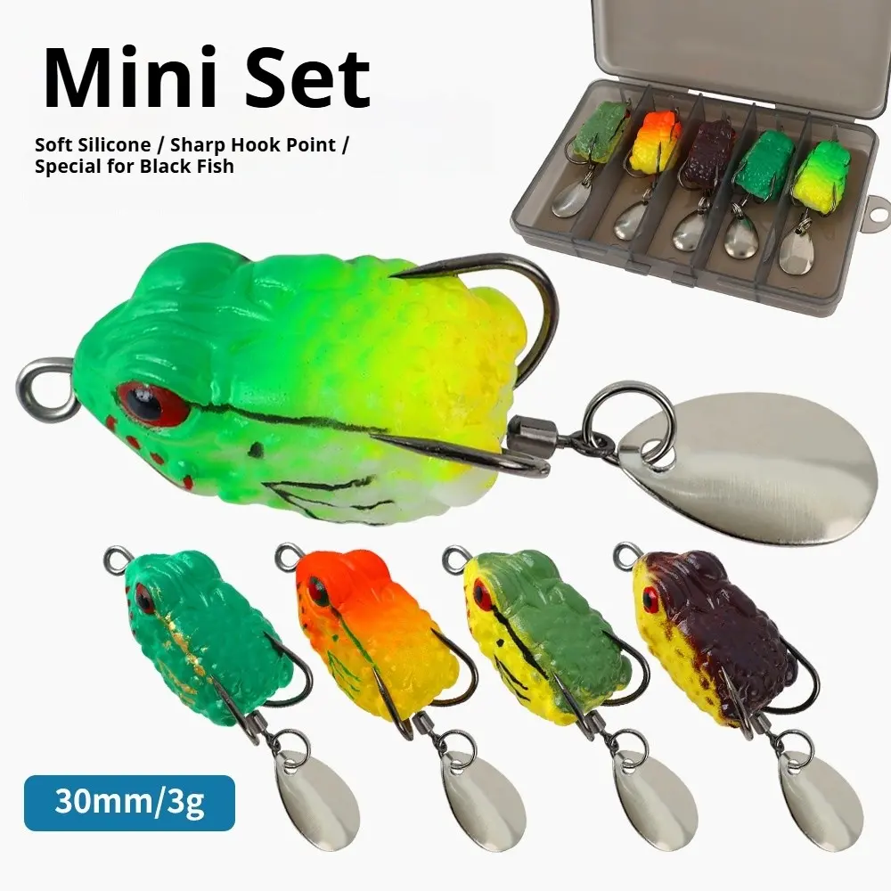 5pcs Mini Frog Lure Kit, Hollow Body Spinner Frog with Noise Rattle, Soft Bionic Topwater Bait for Snakehead Black Pit Fishing Topwater Frog Lure, Hollow Body Frog, Noise Rattle Frog, Snakehead Fishing Tackle, Weedless Hook, Black Pit Bait, Freshwater Lur