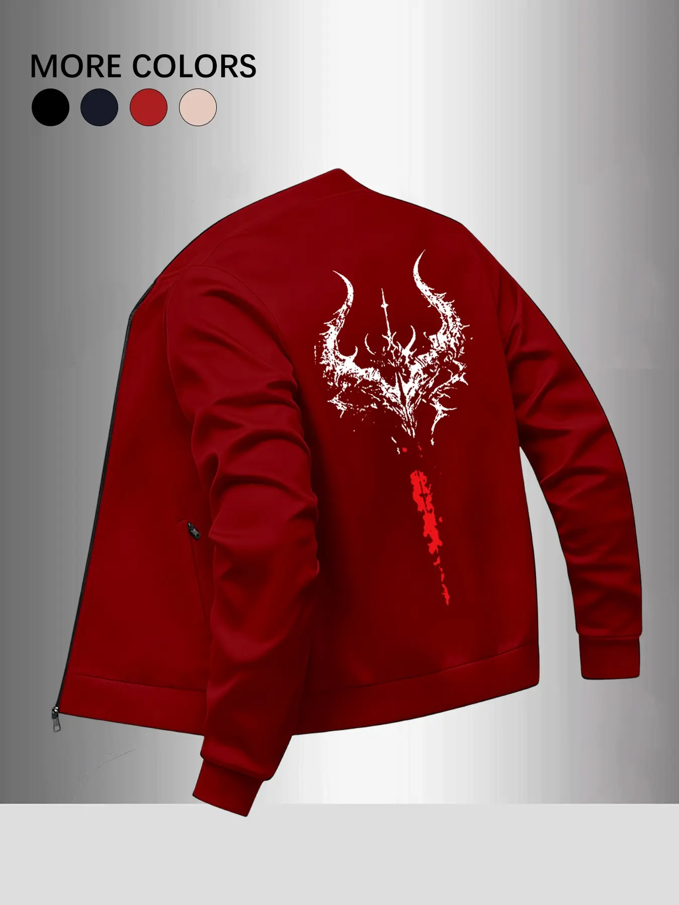 Men's Demon Spear Print Baseball Neck Flight Jacket, Casual Fashionable Jacket, Dark Street Style, Back Art Print, Zipper Windproof Design, Multi-Color Casual Outerwear