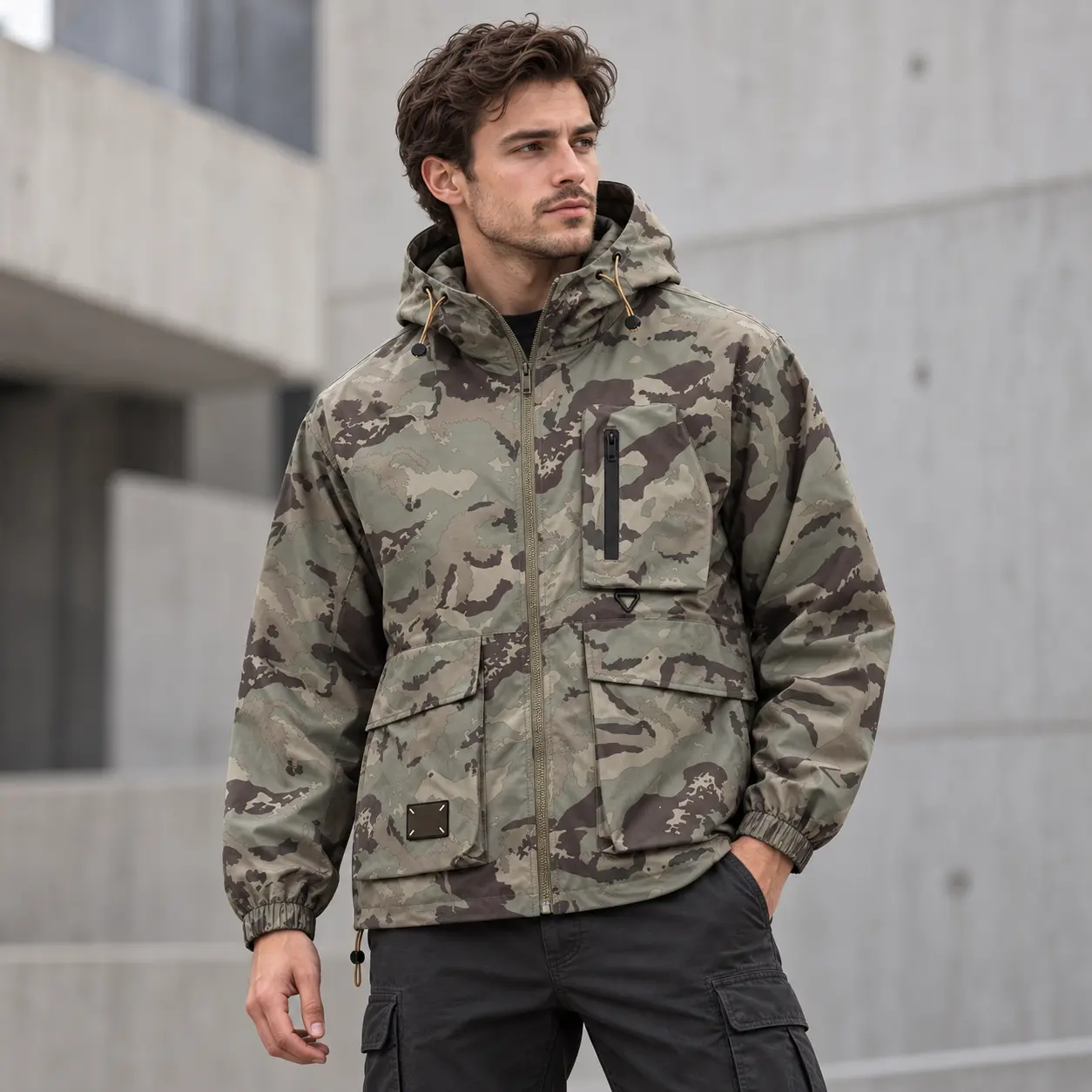 Men's Camo Print Full Zip Drawstring Hooded Utility Jacket, Regular Fit Casual Lightweight Windbreaker with Multi Pockets, Long Sleeve Outdoor Jacket for Fall & Winter, Hunting, Hiking, Work, Travel & Camping