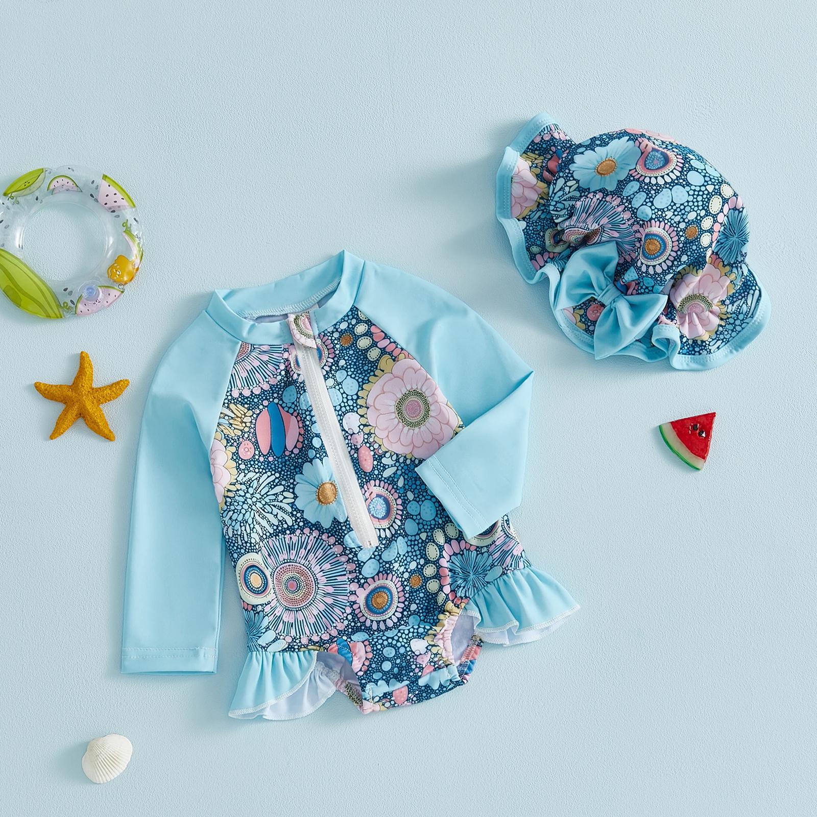 Infant Baby Swimsuit Girl Long Sleeve UPF 50+ Sun Protection  Rash Guard with Hat Zipper Bathing Suit