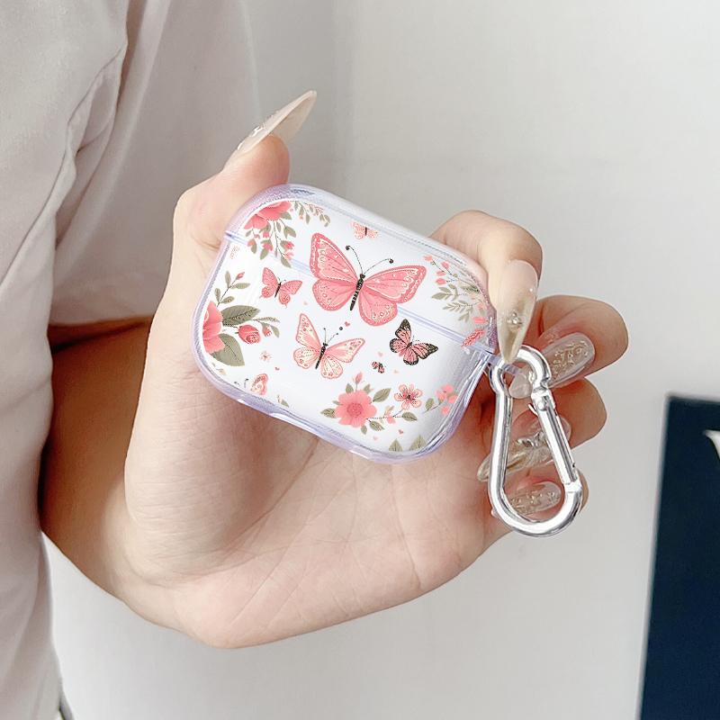 Butterfly Floral Dream Pattern TPU Soft Protective Case for Apple AirPods 4/3/2/1/Pro/Pro2 Transparent Earphone Cover with Keychain Attachment