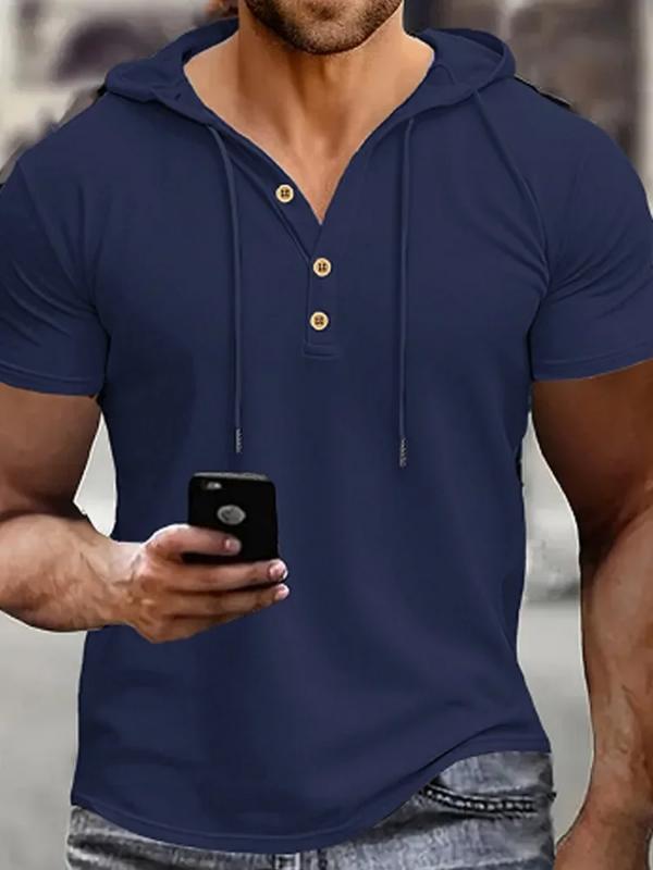 Kyn Apparel Men's Henry Shirt Solid Color Casual Short Sleeve Hooded Polo Shirts Summer Fashion Breathable T-shirt Streetwear Men Clothing