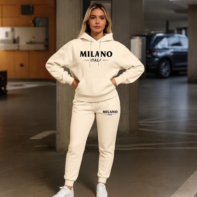 Women's MILANO City Print Hoodie And Drawstring Track Pants Set, Casual Sportswear, Long-Sleeved Hooded Jacket And Pants, Suitable For Autumn And Winter, Everyday Wear, Indoor And Outdoor Sportswear, Sportswear Set, Casual Sportswear.