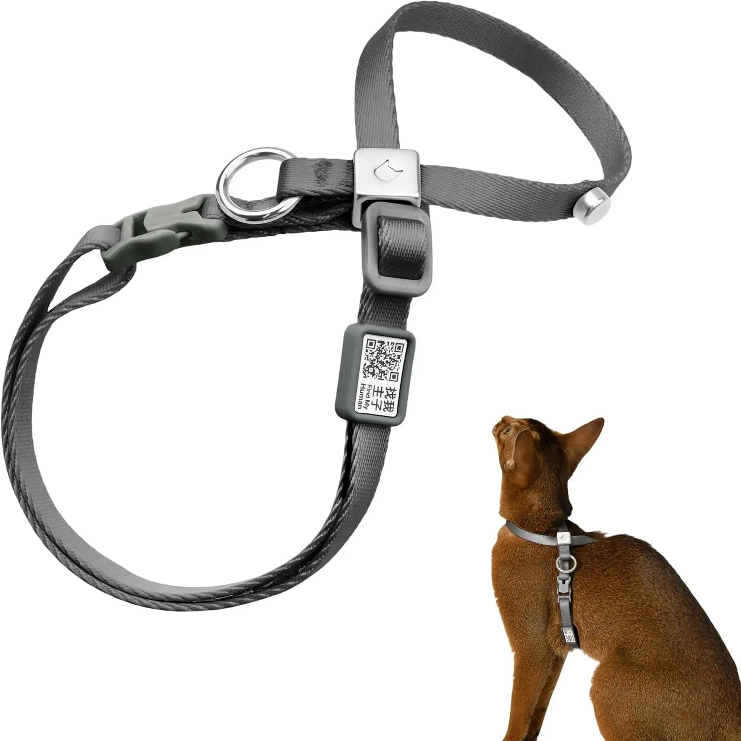 Escape Proof Anti-Choke Quick Release Adjustable QR Code Soft Nylon Durable Lightweight Figure 8 Cat Harness for Kitten Small Medium Large Cats (Space Gray, M)