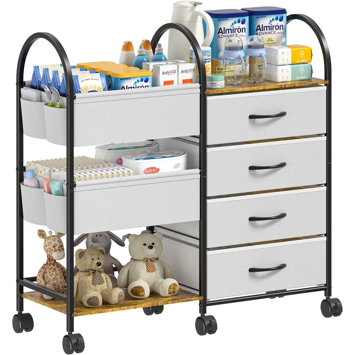 Baby Diaper Caddy Organizer Cart with Wheels, 4-Tier Rolling Diaper Cart with Dividers and Drawers, Multi-Layer Nursery Storage for Diapers & Baby Essentials